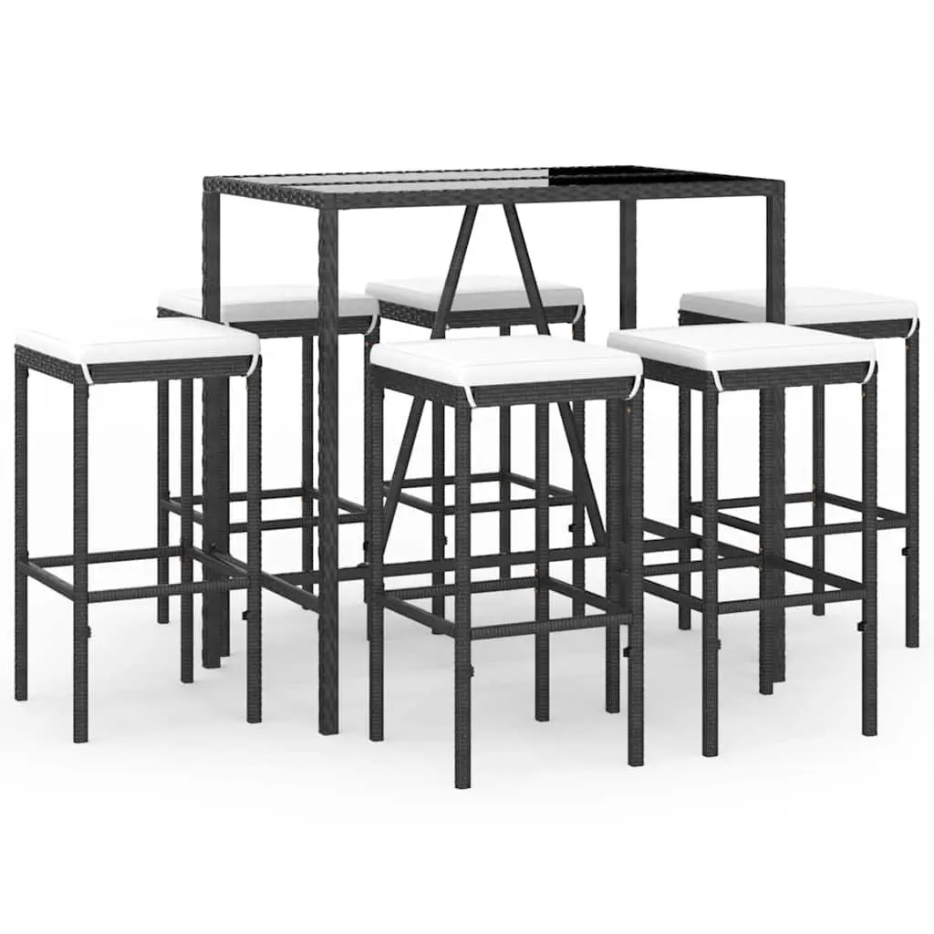7 Piece Garden Bar Set Black Rattan Outdoor Patio Furniture with Cushions