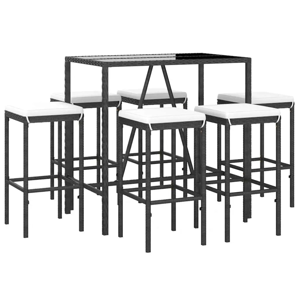 7 Piece Garden Bar Set Black Rattan Outdoor Patio Furniture with Cushions