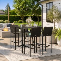 5 Piece Outdoor Bar Set Black Poly Rattan Garden Patio Furniture with Stools