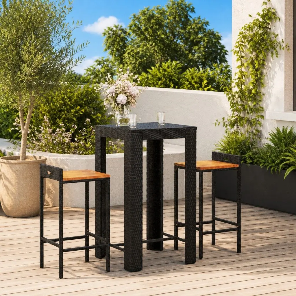Garden Bar Set Black 3 Piece Outdoor Furniture Weather-resistant PE Rattan Acacia Wood Stools
