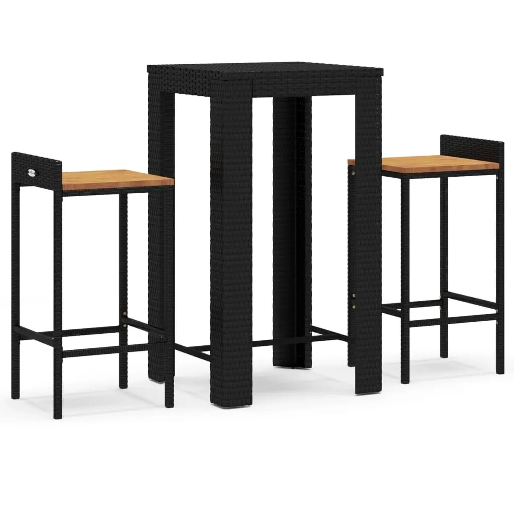 Garden Bar Set Black 3 Piece Outdoor Furniture Weather-resistant PE Rattan Acacia Wood Stools