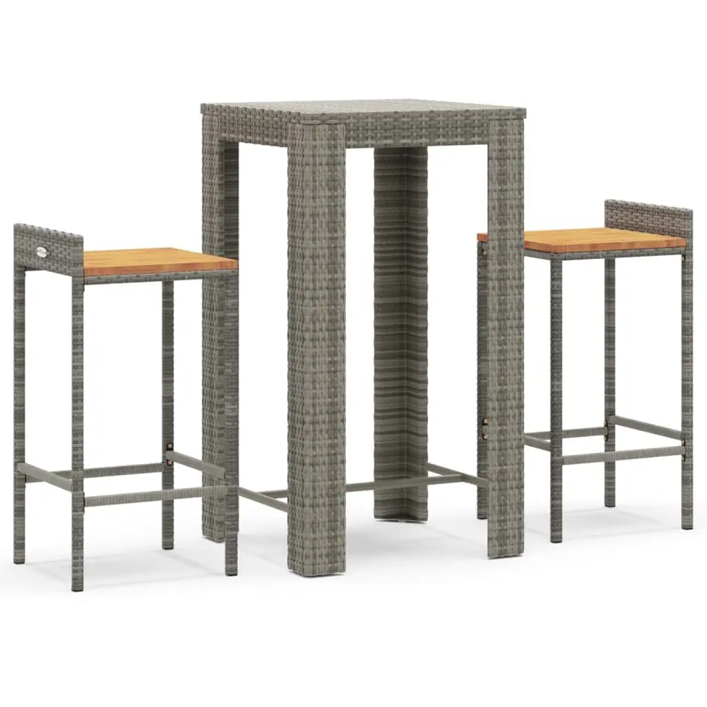Garden Bar Set Grey 3 Piece Weather-resistant PE Rattan Stool Table Outdoor Patio Furniture