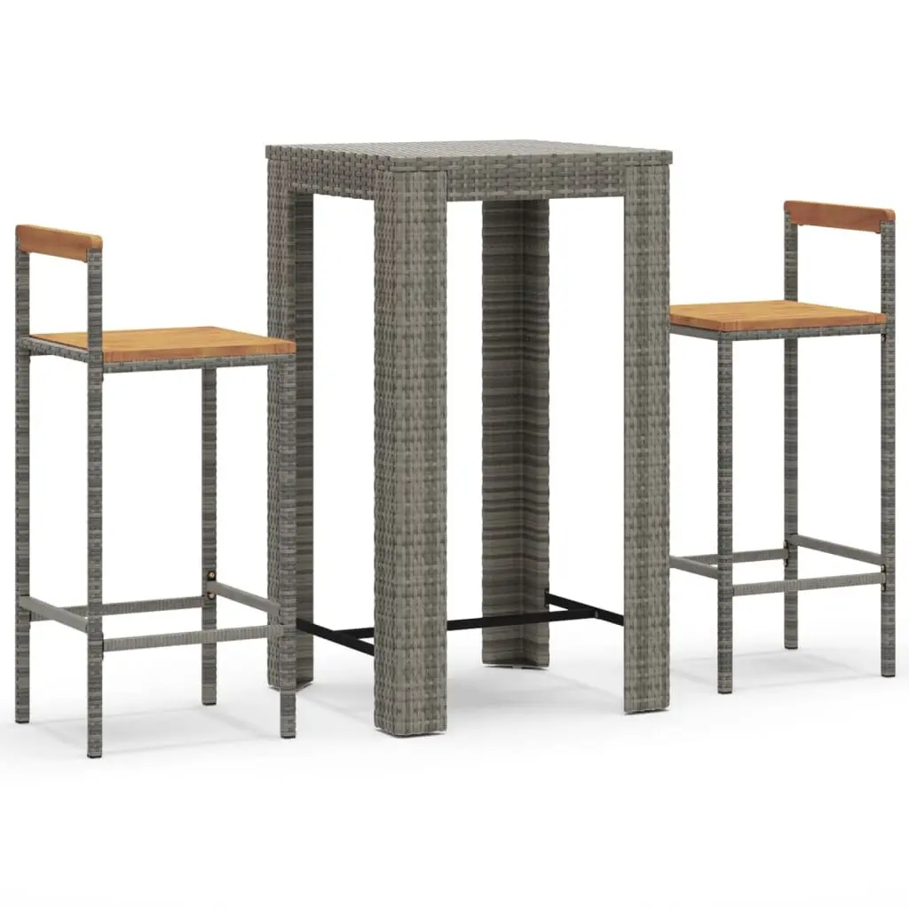 Garden Bar Set Grey 3 Piece Poly Rattan Wooden Seat Outdoor Furniture