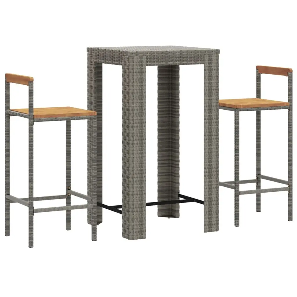 Garden Bar Set Grey 3 Piece Poly Rattan Wooden Seat Outdoor Furniture