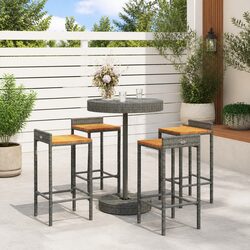 Garden Bar Set 5 Piece Outdoor Patio Furniture Grey Poly Rattan Wood Stool Table