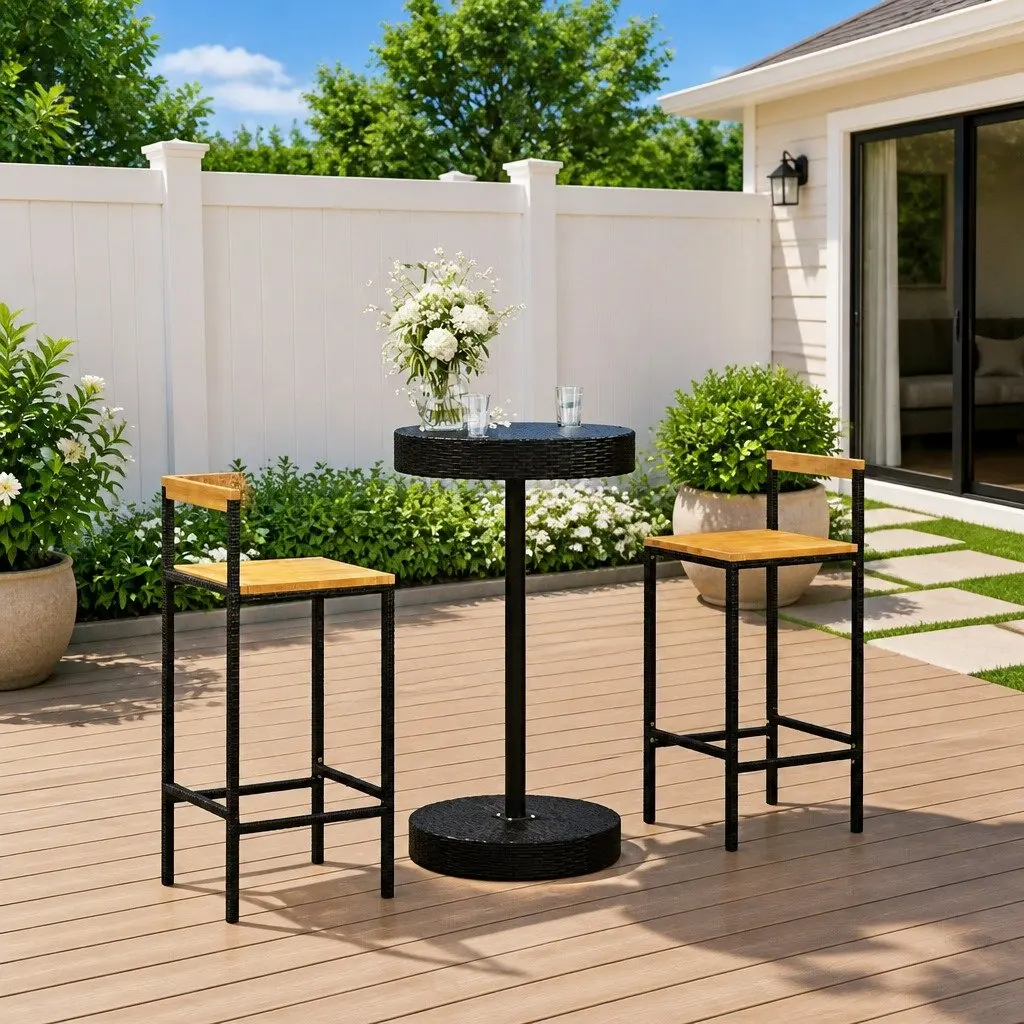 Outdoor Garden Bar Set Black 3 Piece Round Table Stools Weather-resistant PE Rattan