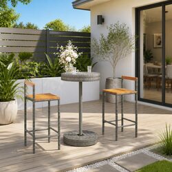 Garden Bar Set 3 Piece Outdoor Furniture Grey Poly Rattan Wooden Stool Table