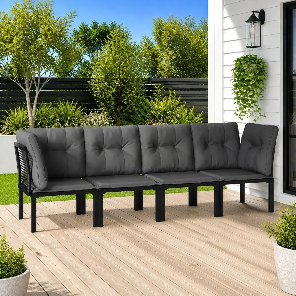 Outdoor Lounge Set Black Grey 4 Piece Weather-Resistant Poly Rattan Patio Furniture