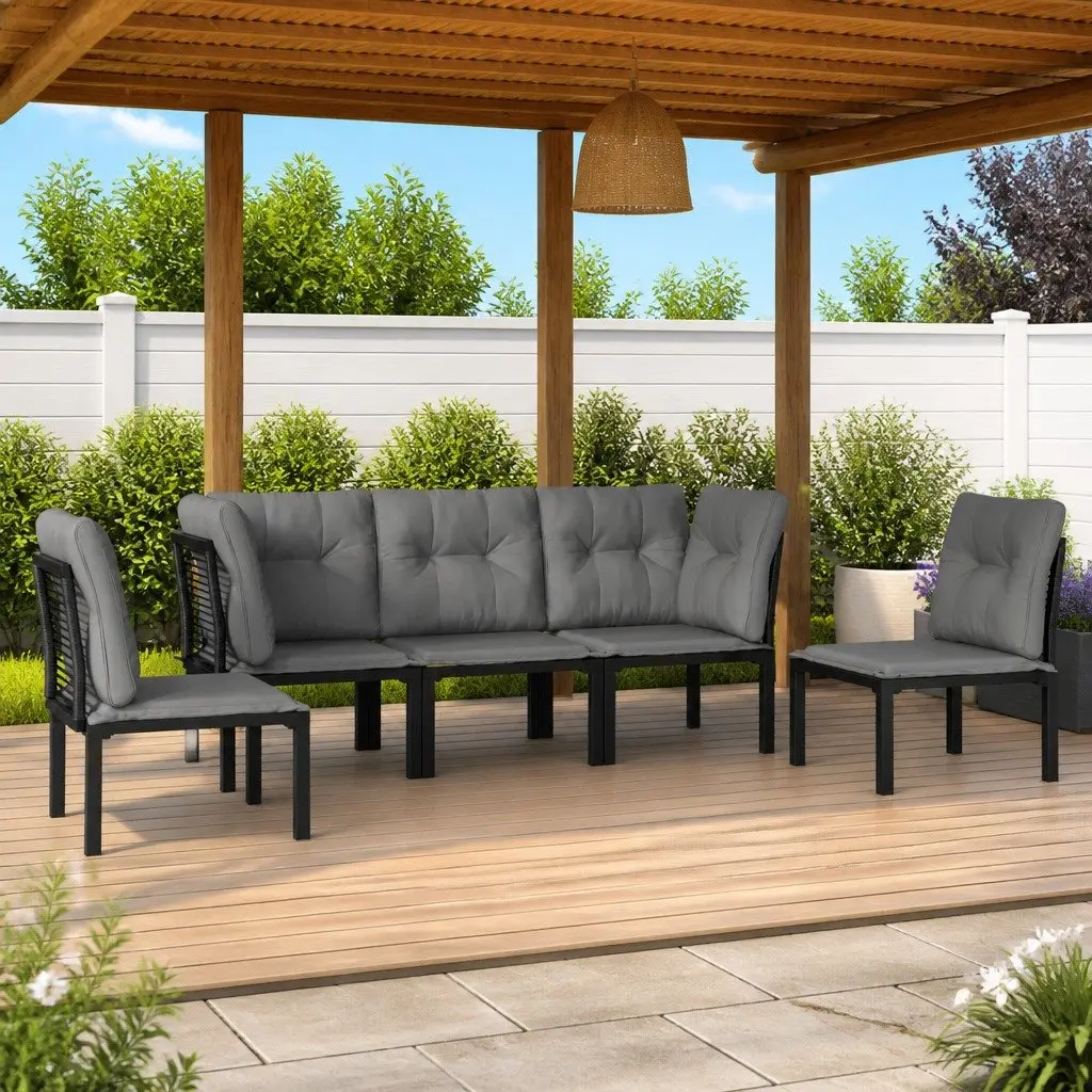 5 Piece Garden Lounge Set Black Grey Modular Weather-resistant PE Rattan Patio Furniture