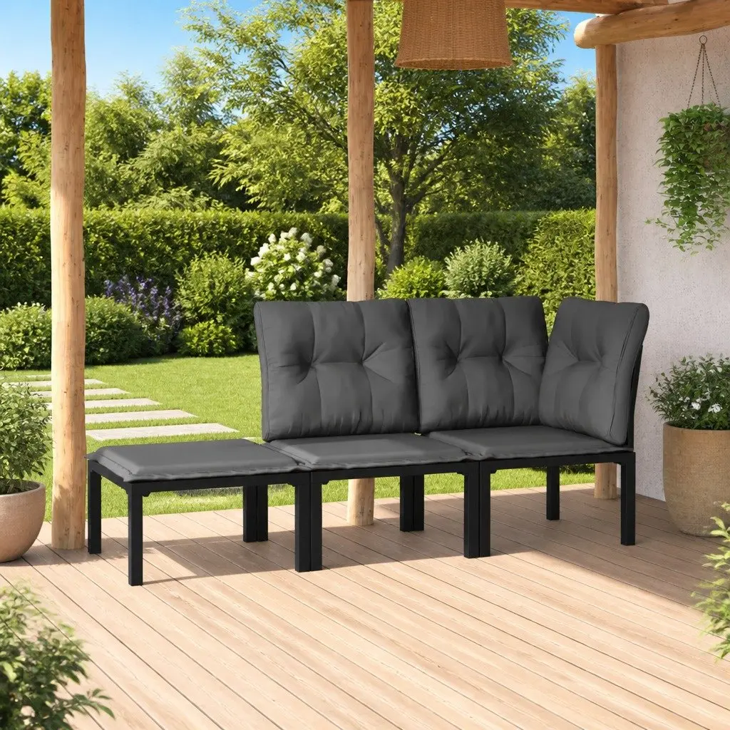 Garden Lounge Set 3 Piece Outdoor Furniture Black Grey Poly Rattan Patio Sofa