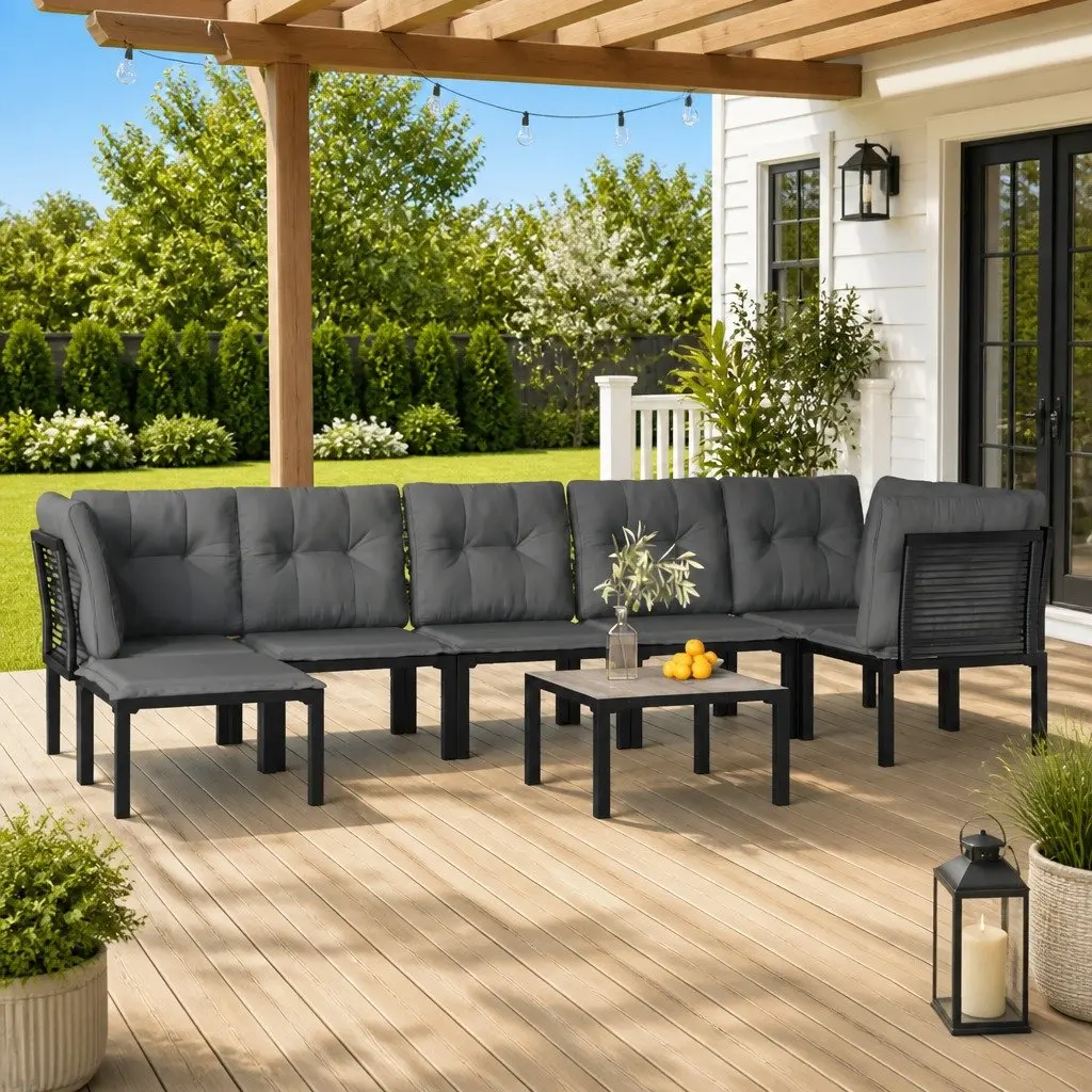Garden Lounge Set 8 Piece Outdoor Furniture Black Grey Poly Rattan Modular