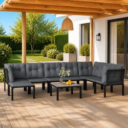 Garden Lounge Set 9 Piece Outdoor Furniture Black Grey Rattan Sectional Sofa
