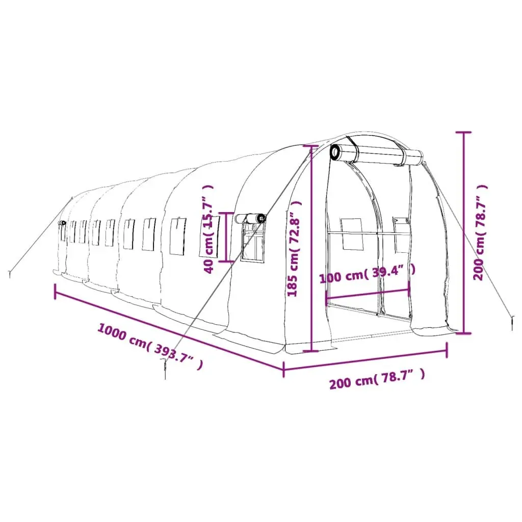 Greenhouse Green 20 m² Steel Frame Plant House with Roll-Up Door and Mesh Windows