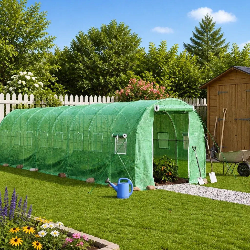 Greenhouse Green 36m² Steel Frame Roll-Up Door Mesh Windows