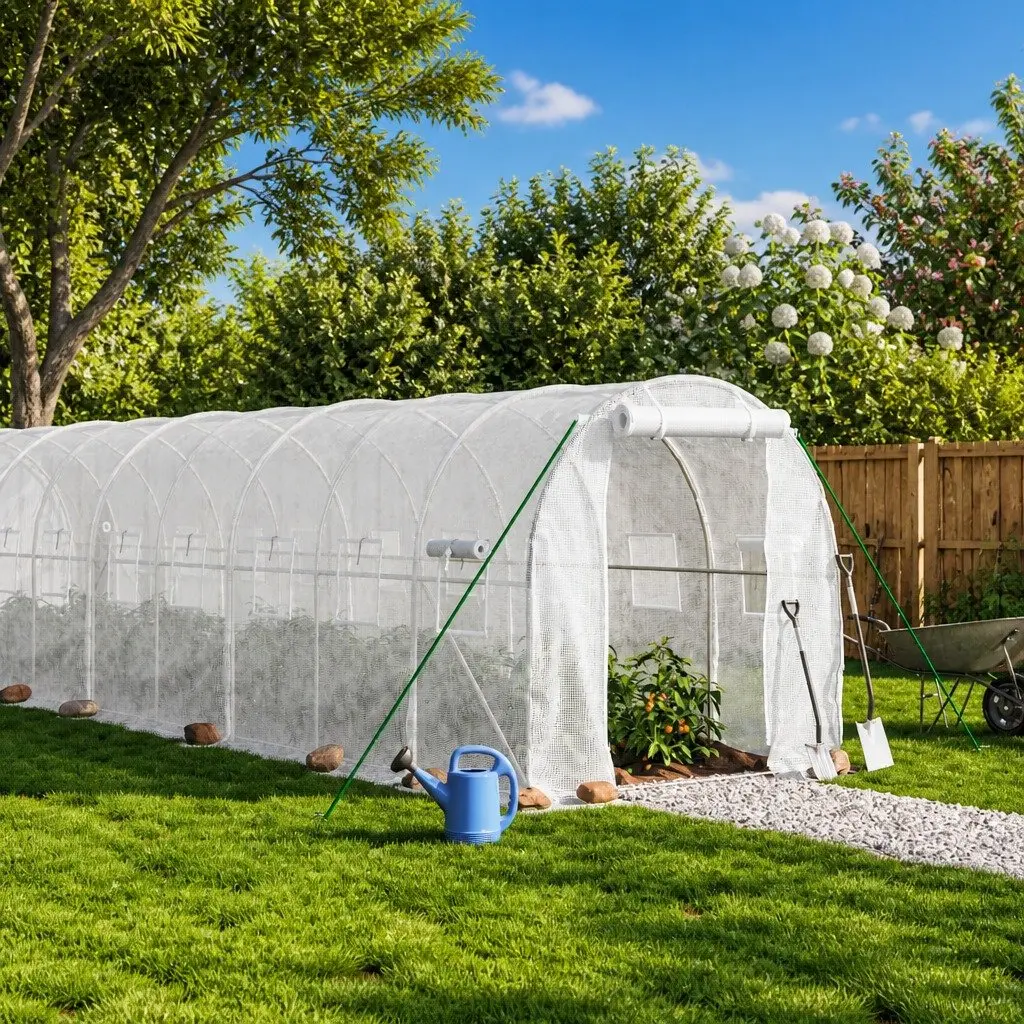 Greenhouse White 8x2x2m Steel Frame Durable PE Cover Outdoor Plant House