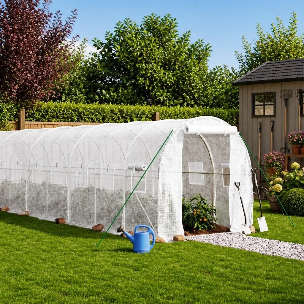 Greenhouse White Steel Frame 14x2x2m UV Resistant Cover Zippered Roll-Up Door