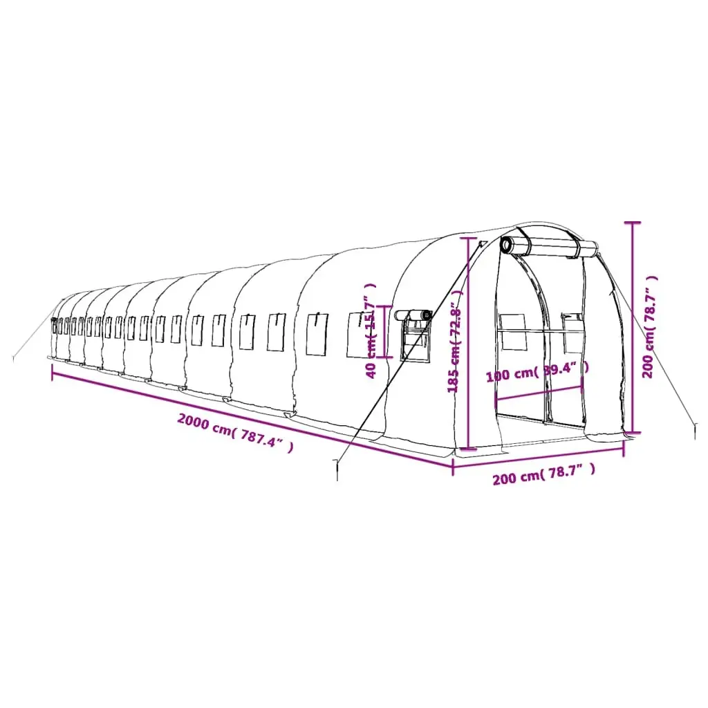 Greenhouse White 20x2x2m Steel Frame PE Cover Durable Weather Resistant Outdoor Plant House