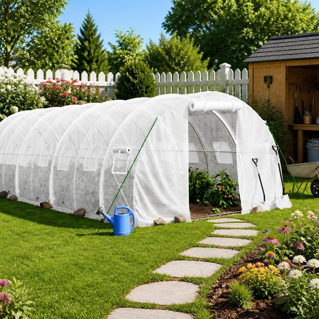 Greenhouse White 10x3x2m Steel Frame PE Cover Outdoor Plant House