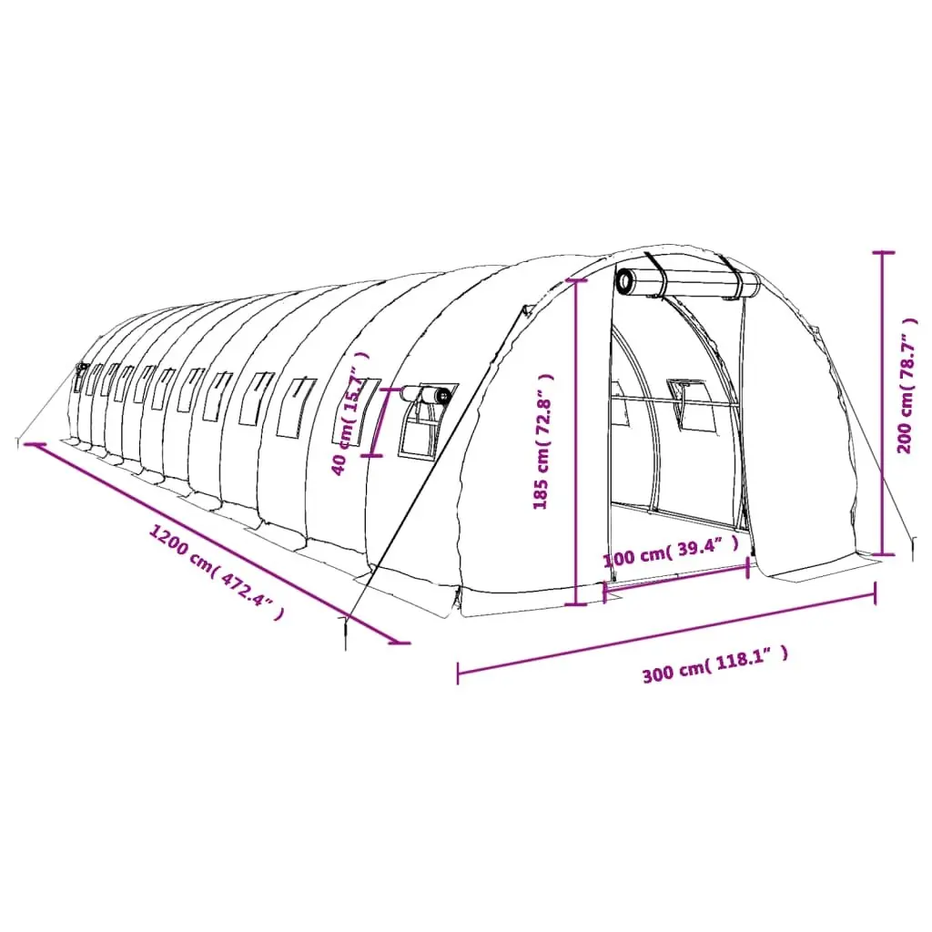 Greenhouse White 12x3x2m Steel Frame PE Cover Ventilation