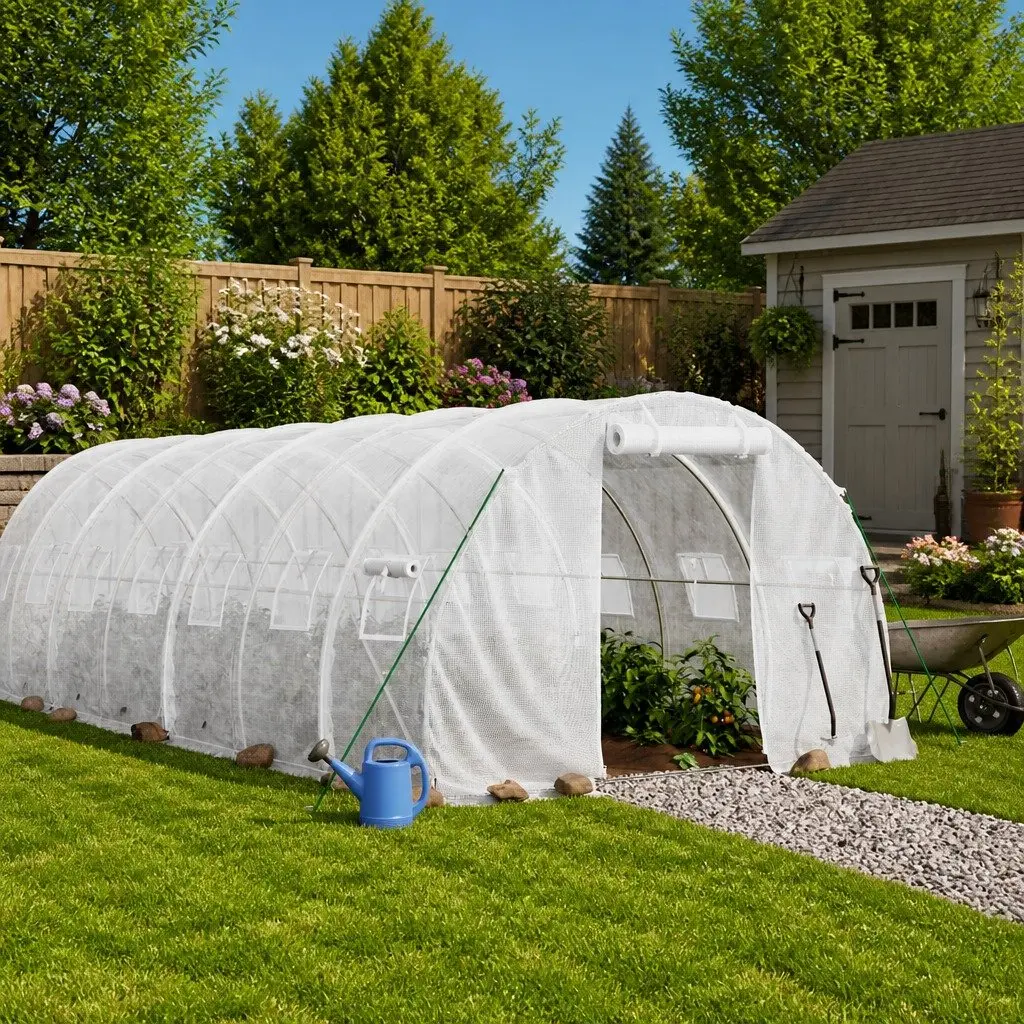 Greenhouse White 16x3x2m Steel Frame Durable PE Cover Plant Garden Protection