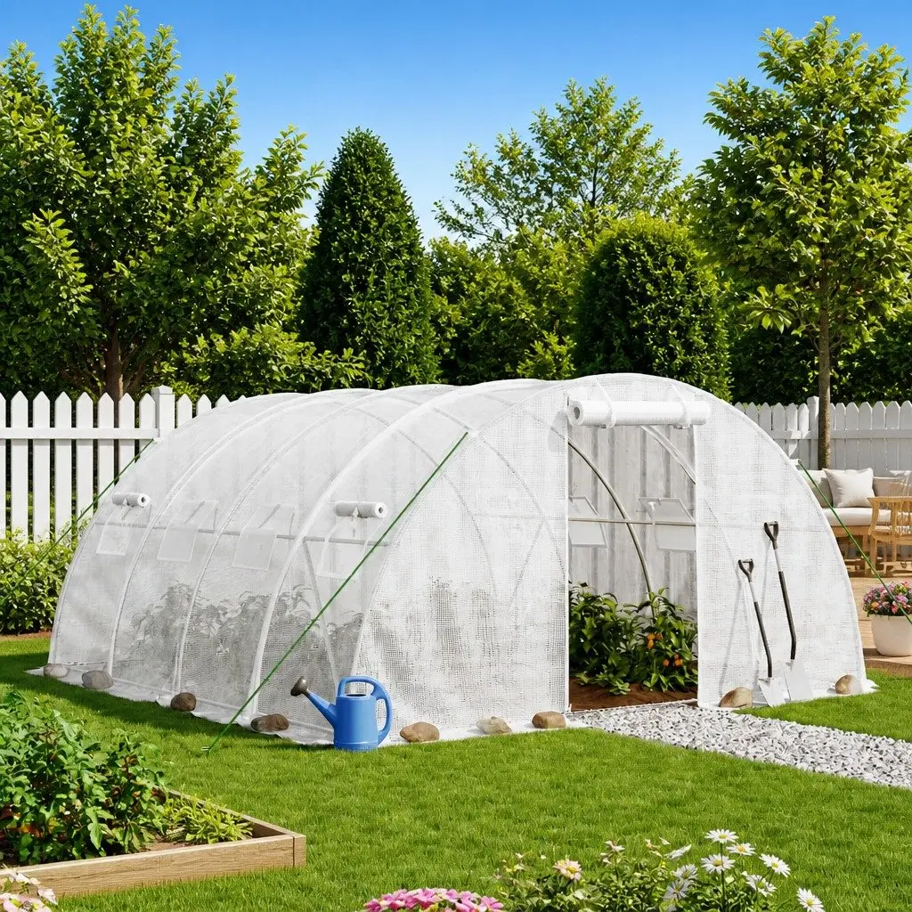 Greenhouse White 4x4x2m Steel Frame PE Cover UV Resistant Weather Resistant Garden Plant House