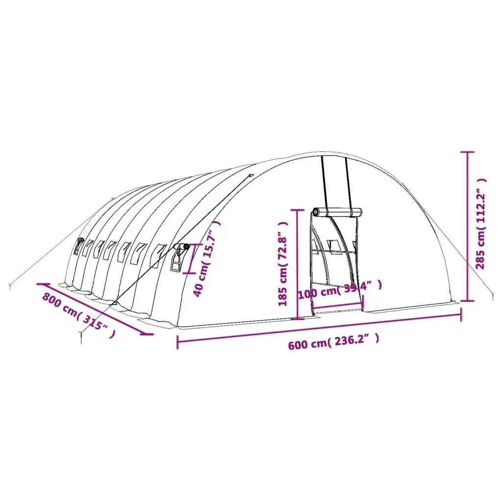 Greenhouse White 8x6x2.85m Steel Frame Outdoor Plant House 48m² with PE Cover and Roll-Up Door