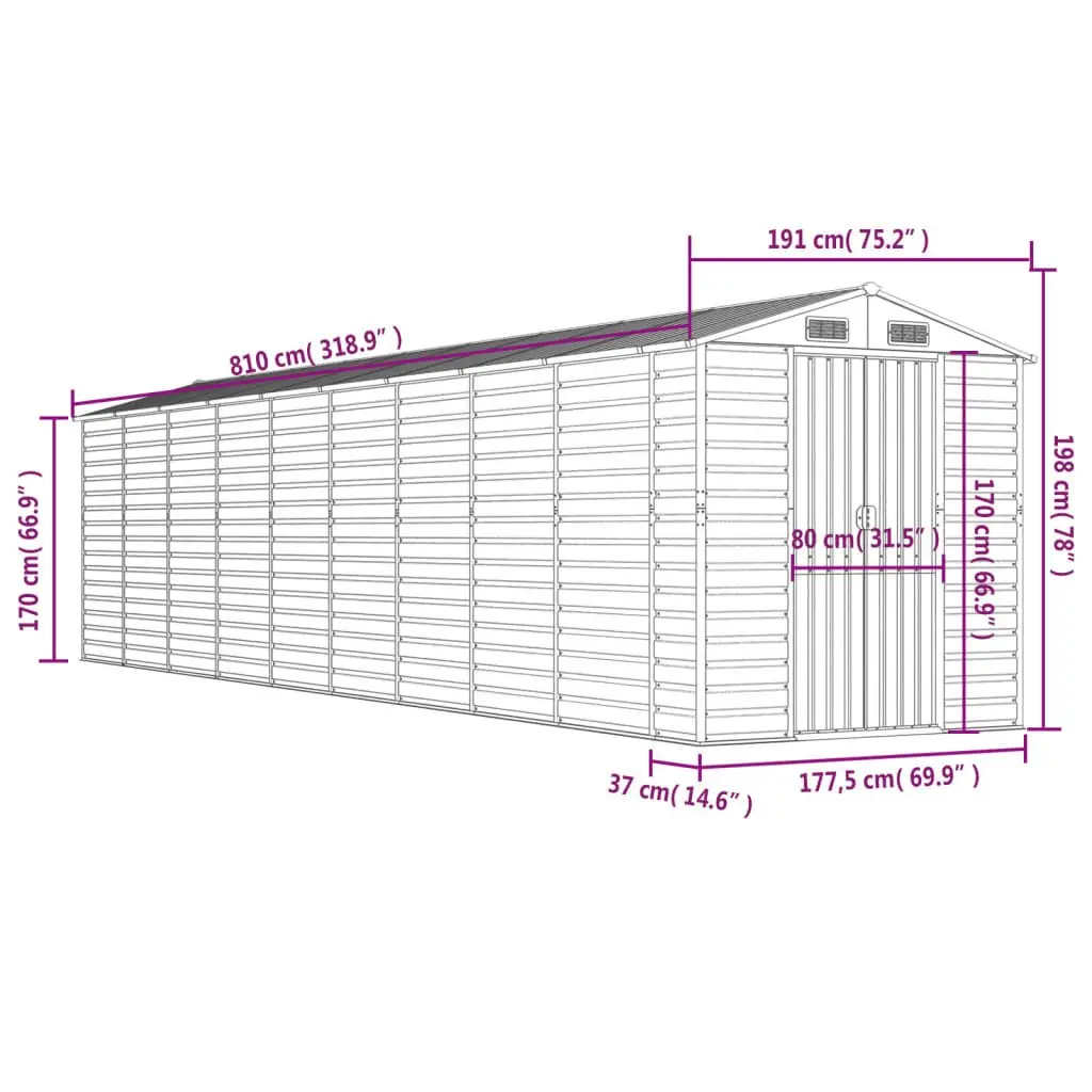 Galvanised Steel Garden Shed Green 191x198x810 cm Outdoor Tool Storage with Ventilation and Sloping Roof