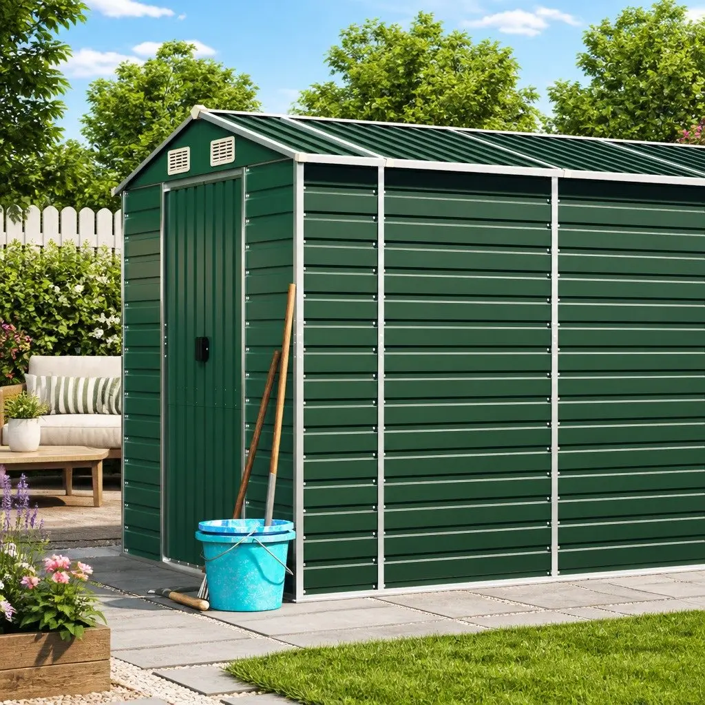 Garden Shed Green Galvanised Steel Outdoor Storage Box with Air Vents and Sloping Roof