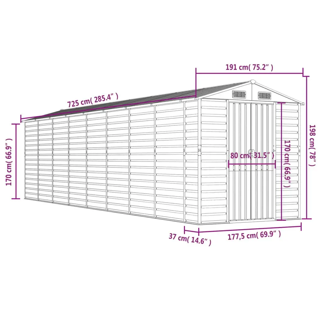 Garden Shed Grey Metal Galvanised Steel 191x725x198 Outdoor Storage Tool House