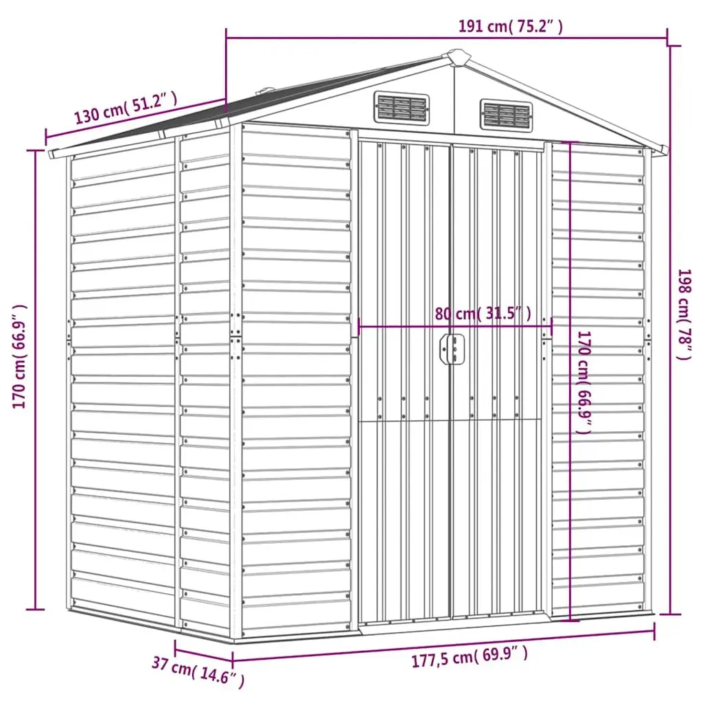 Garden Shed Anthracite 191x130x198 cm Galvanised Steel Outdoor Storage Structure