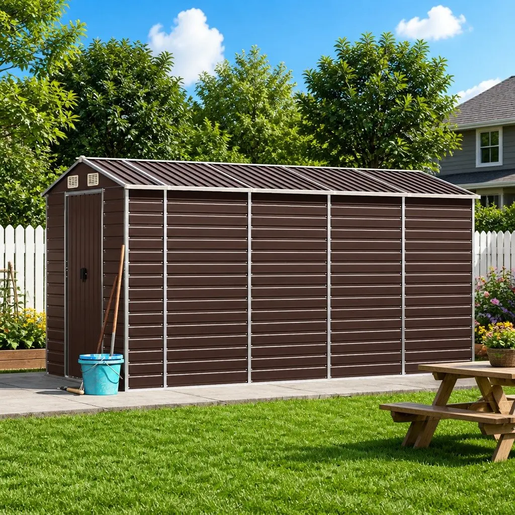Garden Shed Brown 191x385x198 cm Galvanised Steel Outdoor Storage Tool House