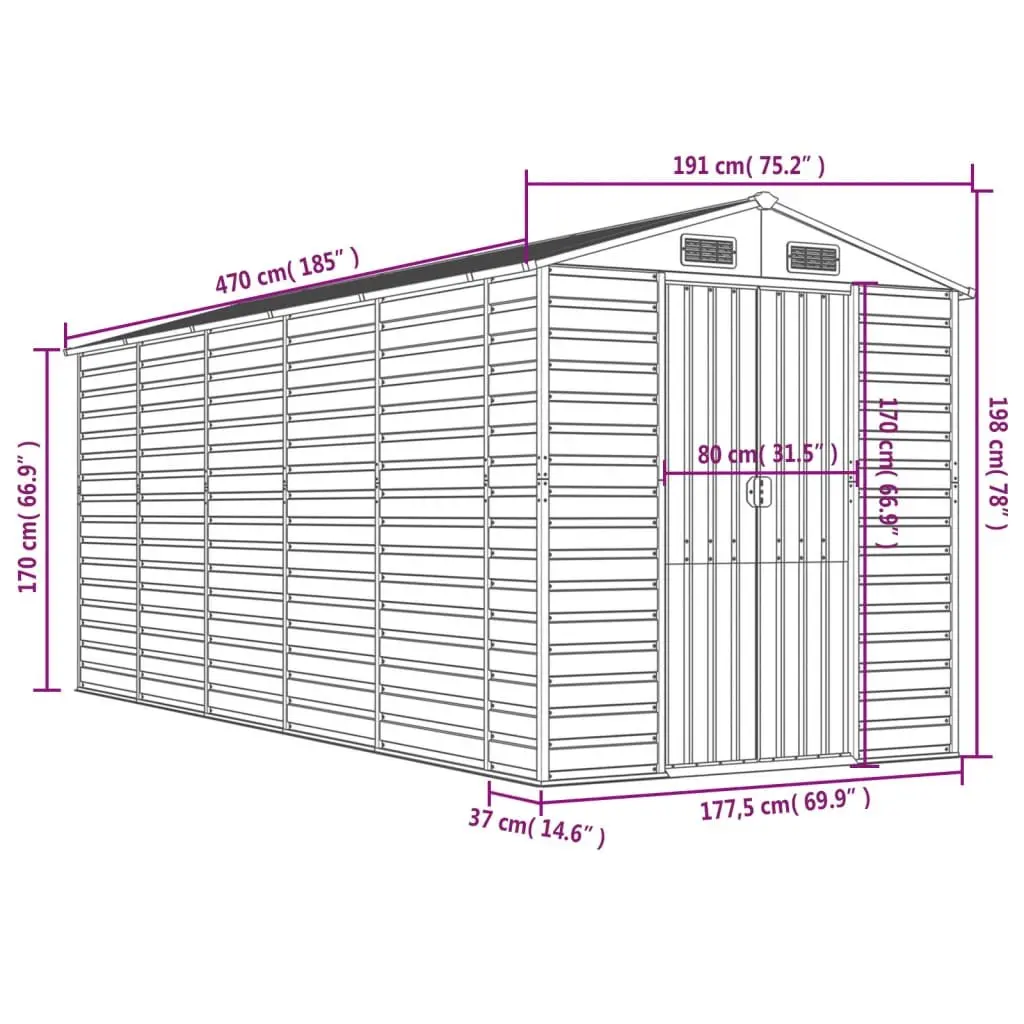 Garden Shed Brown 191x470x198cm Galvanised Steel Outdoor Storage Tool House