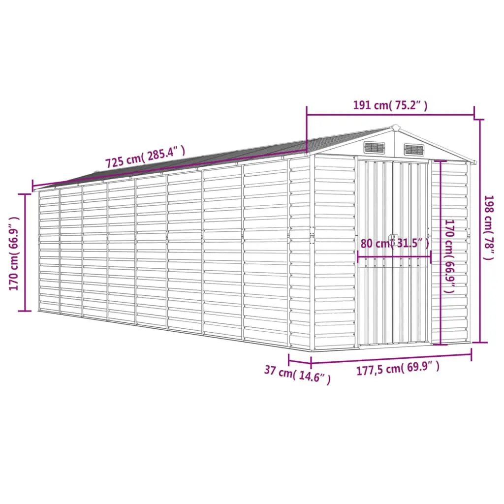 Garden Shed Brown 191x725x198 cm Galvanised Steel Outdoor Storage Tool House