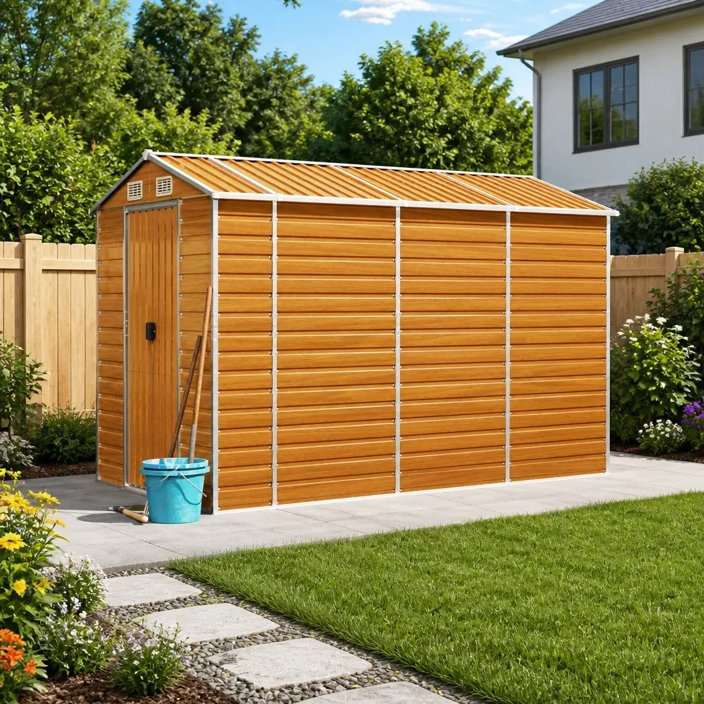 Garden Shed Brown Galvanised Steel Outdoor Storage Tool House with Air Vents and Sloping Roof