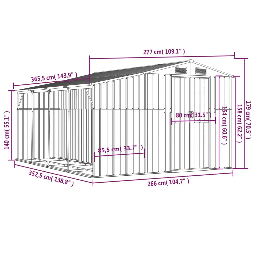 Garden Shed Grey 277x365.5x179cm Galvanised Steel Outdoor Storage Tool House