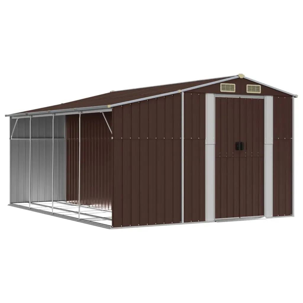 Garden Shed Brown Galvanised Steel 277x365.5x179 cm Outdoor Storage with Firewood Stand