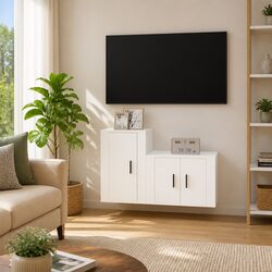 Wall-Mounted TV Cabinet Set White Storage Media Unit Engineered Wood 2 Piece