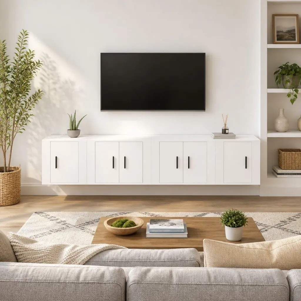 4 Piece White Engineered Wood Wall Mounted TV Cabinet Storage Unit