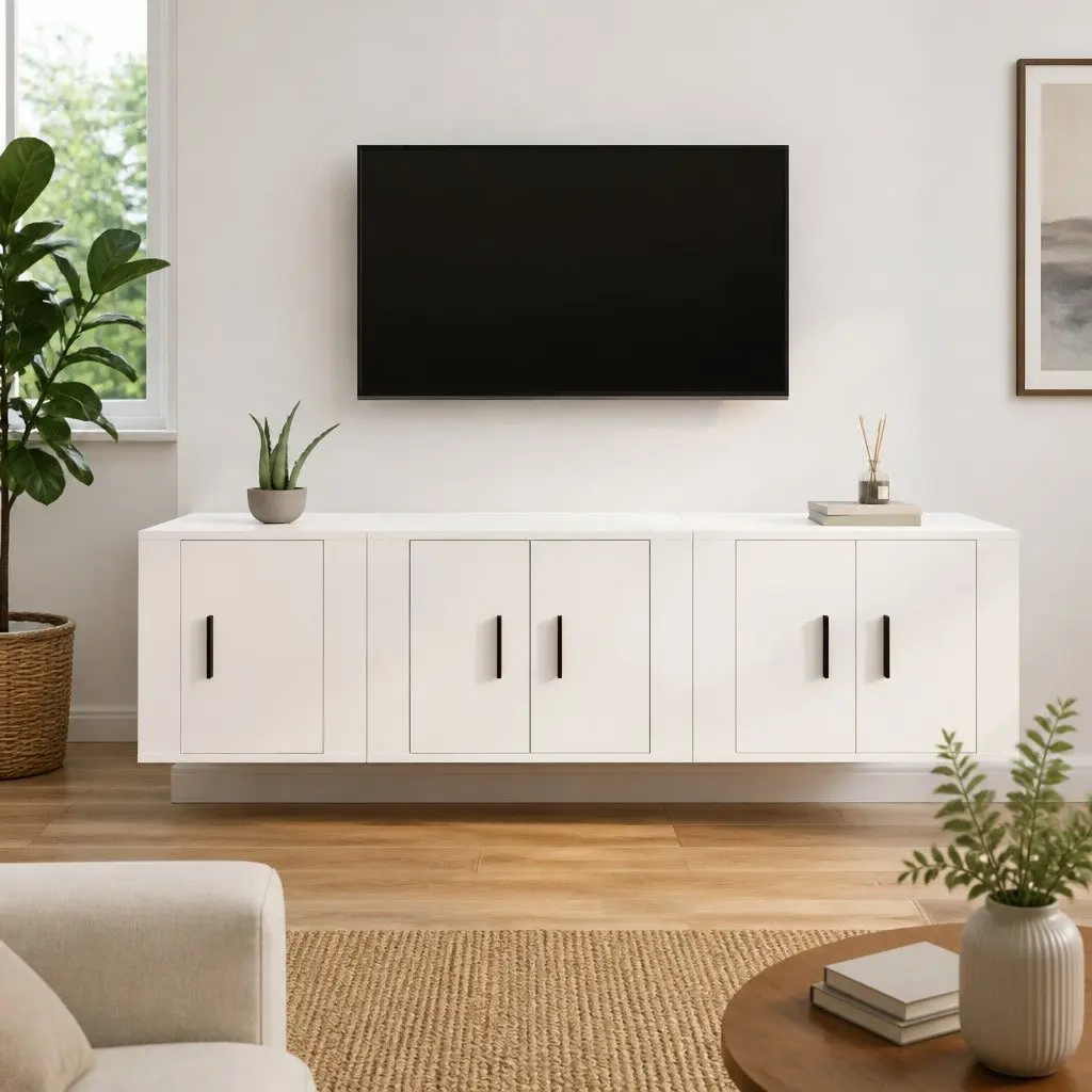 3 Piece White TV Cabinet Set with Wall Mounting