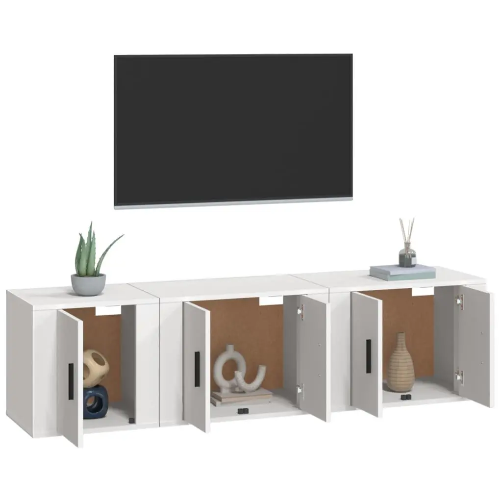 3 Piece White TV Cabinet Set with Wall Mounting