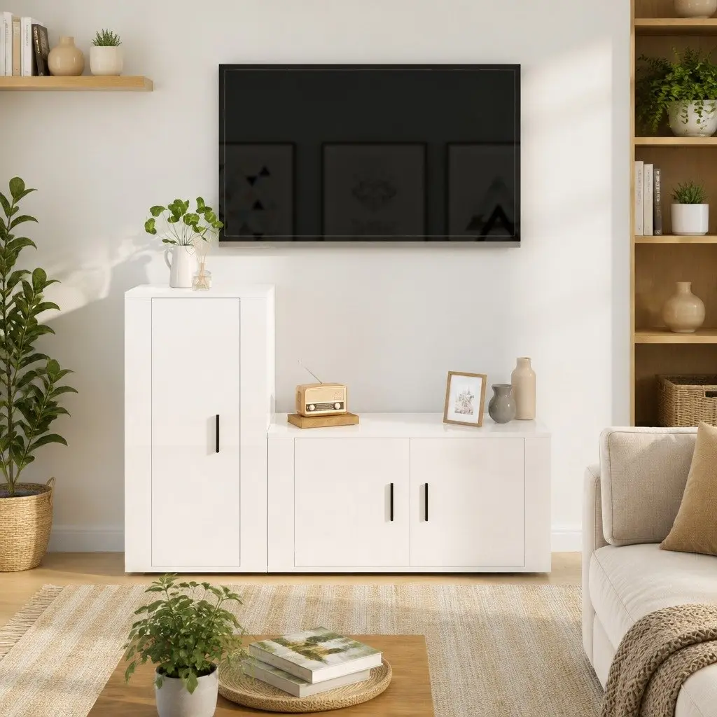 2 Piece TV Cabinet Set White High Gloss Wall-Mounted Storage Unit Engineered Wood