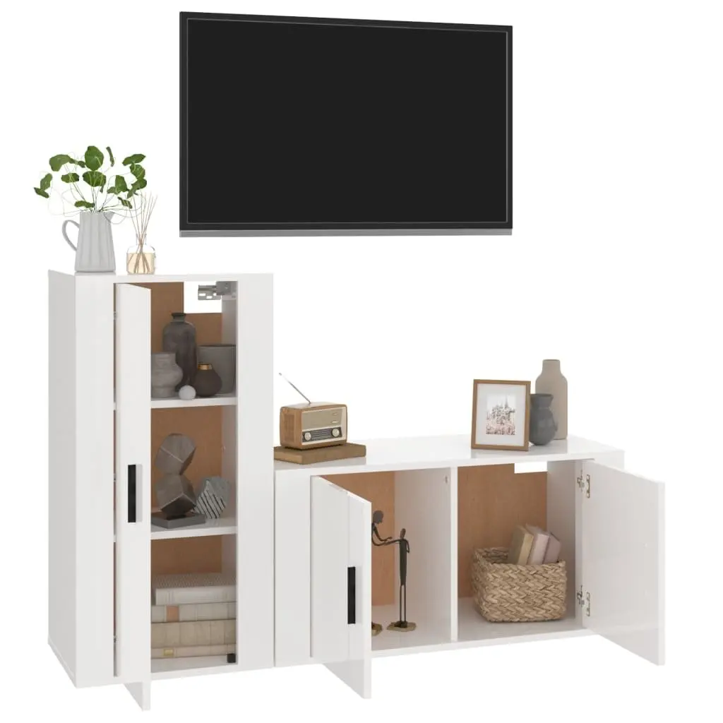 2 Piece TV Cabinet Set White High Gloss Wall-Mounted Storage Unit Engineered Wood