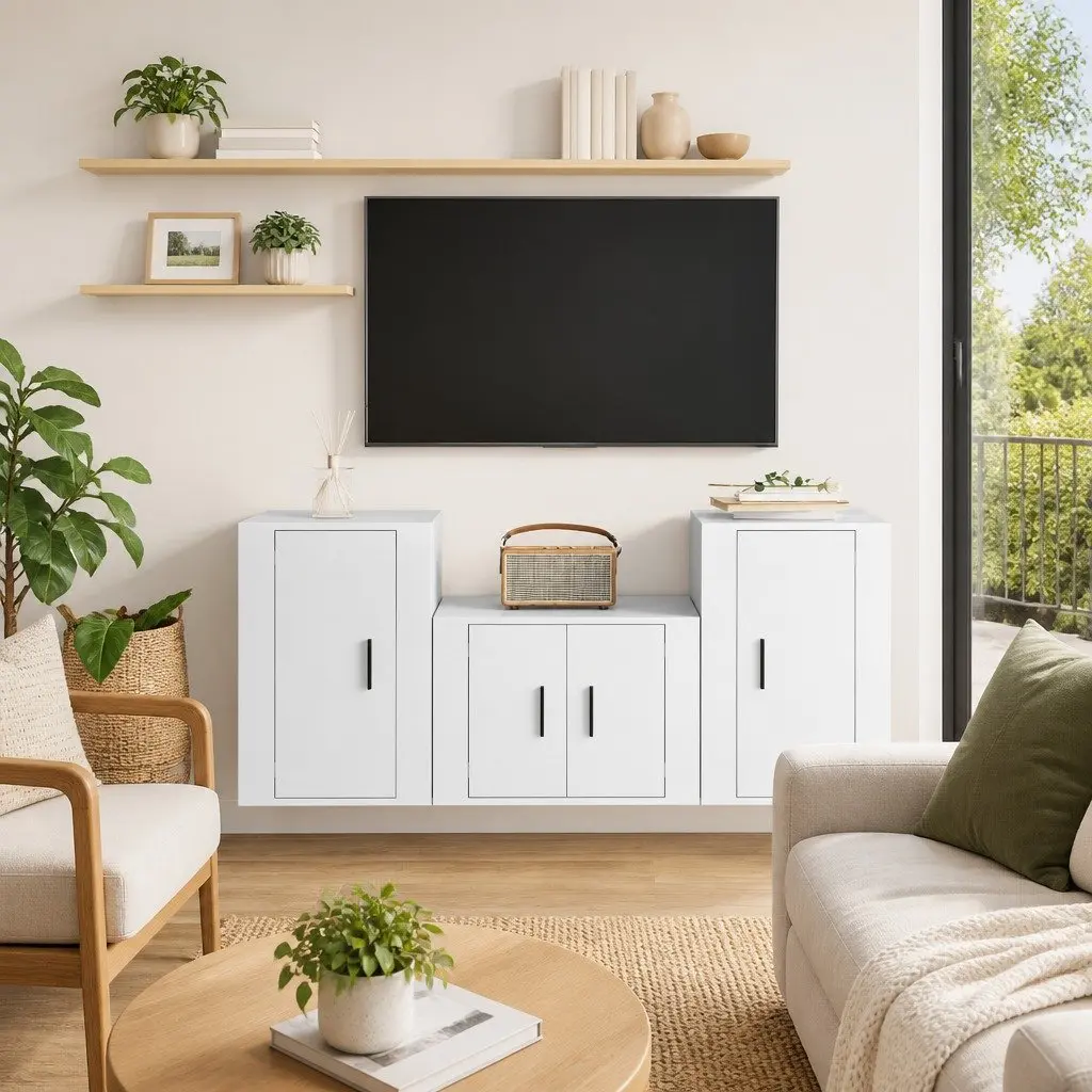 3 Piece TV Cabinet Set High Gloss White Wall Mounted Engineered Wood Storage