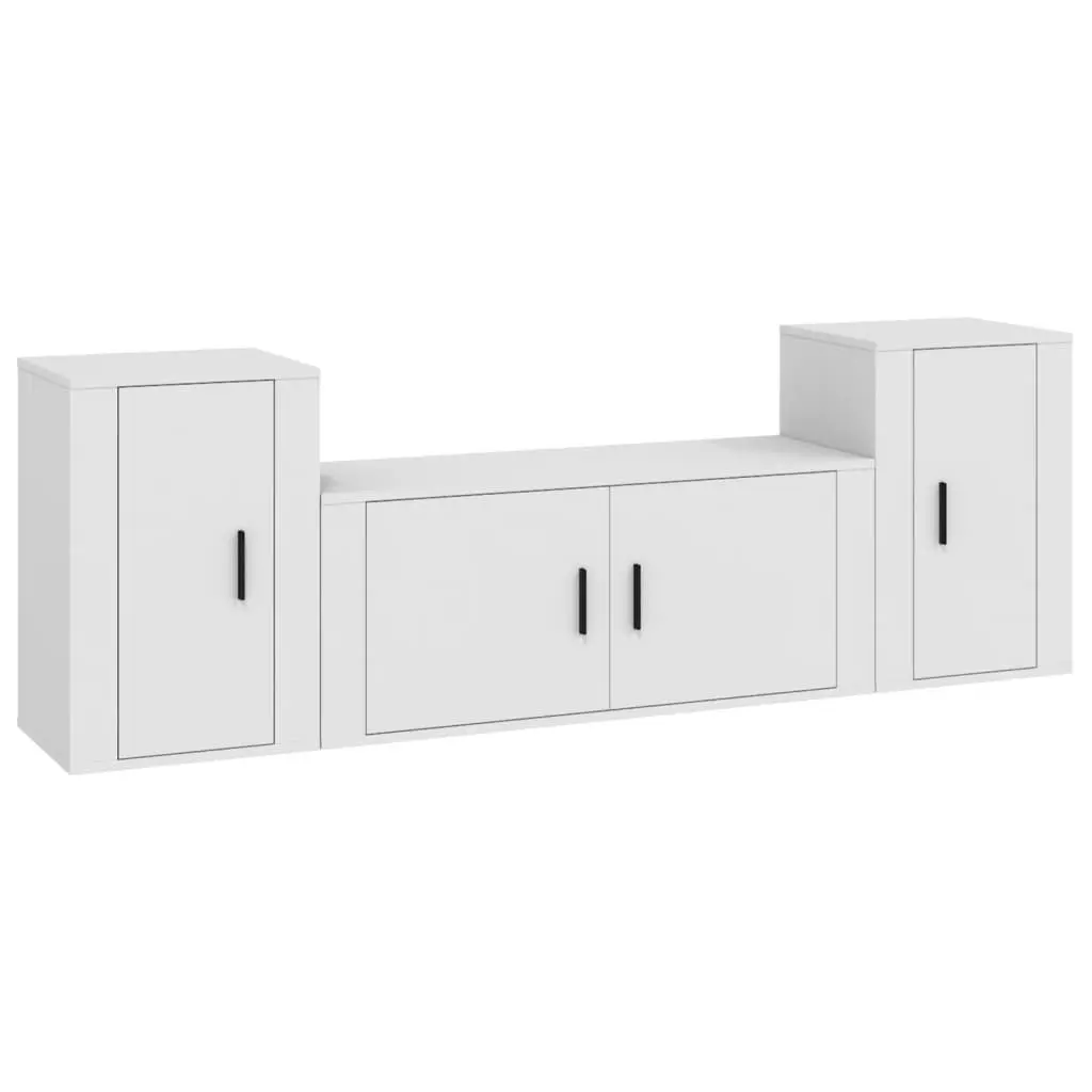 3 Piece TV Cabinet Set White Wall Mounted Storage Engineered Wood Unit