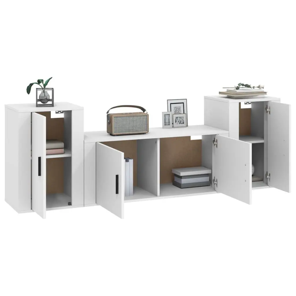 3 Piece TV Cabinet Set White Wall Mounted Storage Engineered Wood Unit