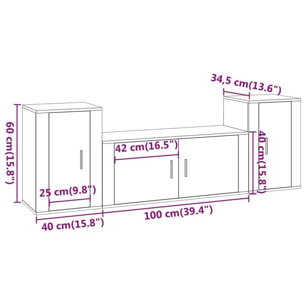 3 Piece TV Cabinet Set White Wall Mounted Storage Engineered Wood Unit