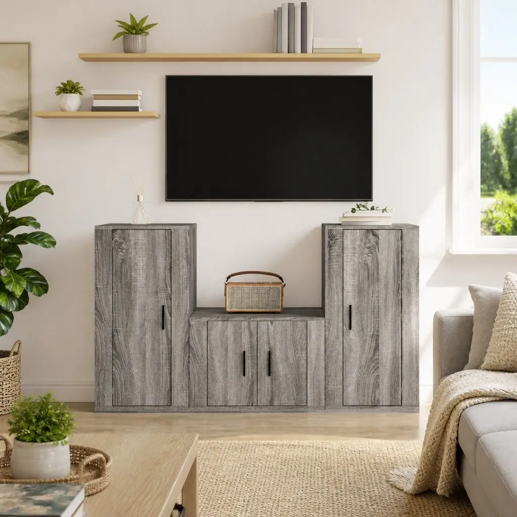 3 Piece TV Cabinet Set Grey Wall-Mounted Storage Unit Engineered Wood Furniture