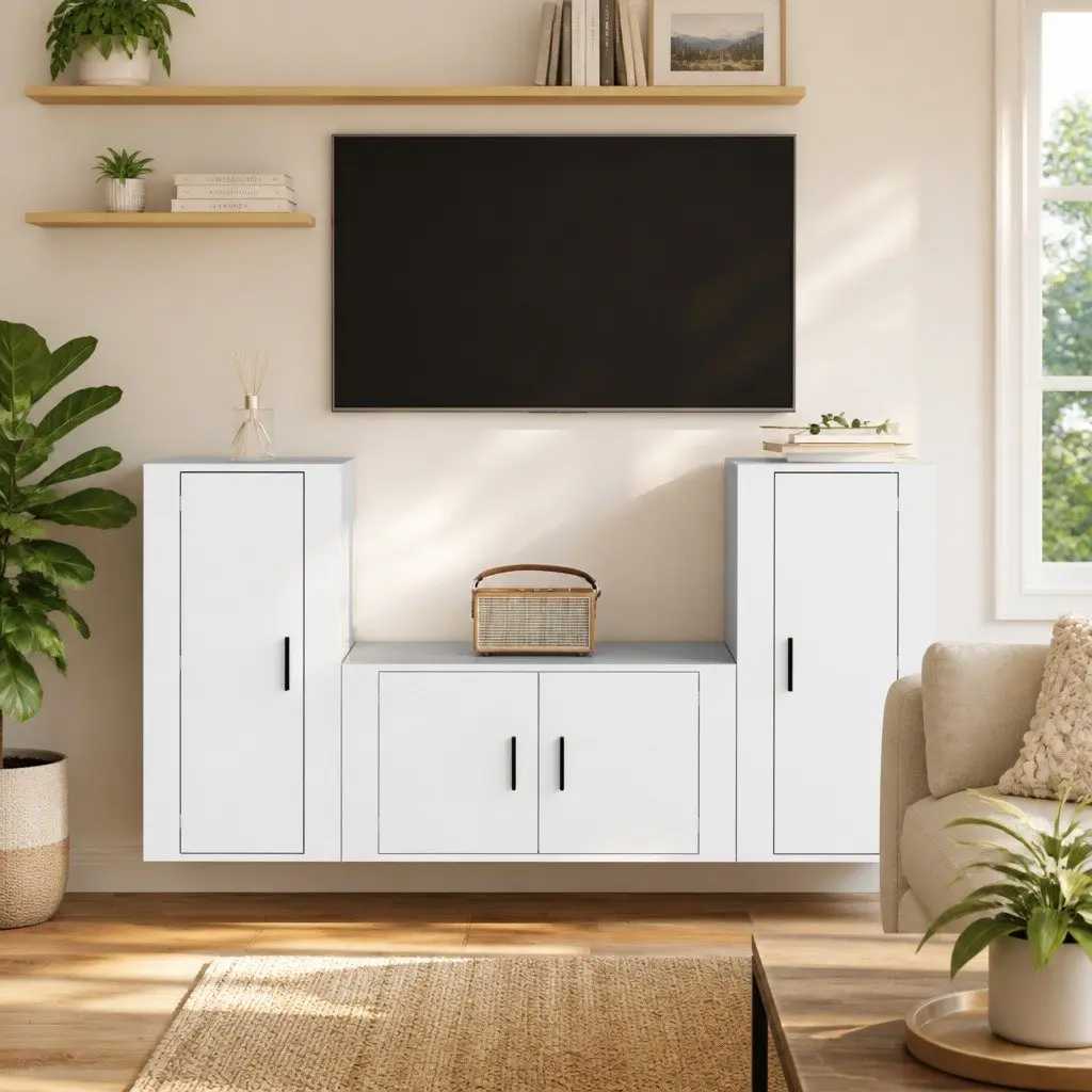 3 Piece TV Cabinet Set White Wall-Mounted Engineered Wood Storage Unit