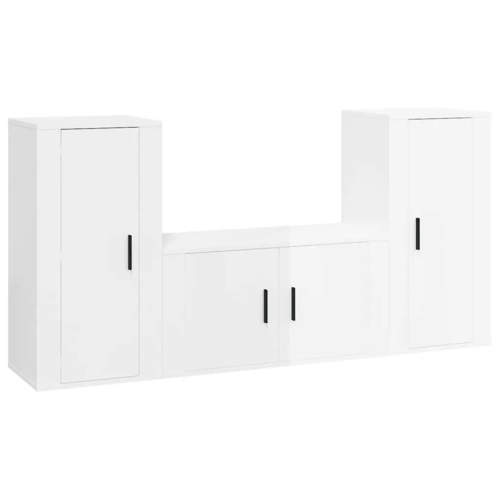 3 Piece TV Cabinet Set White Wall-Mounted Engineered Wood Storage Unit