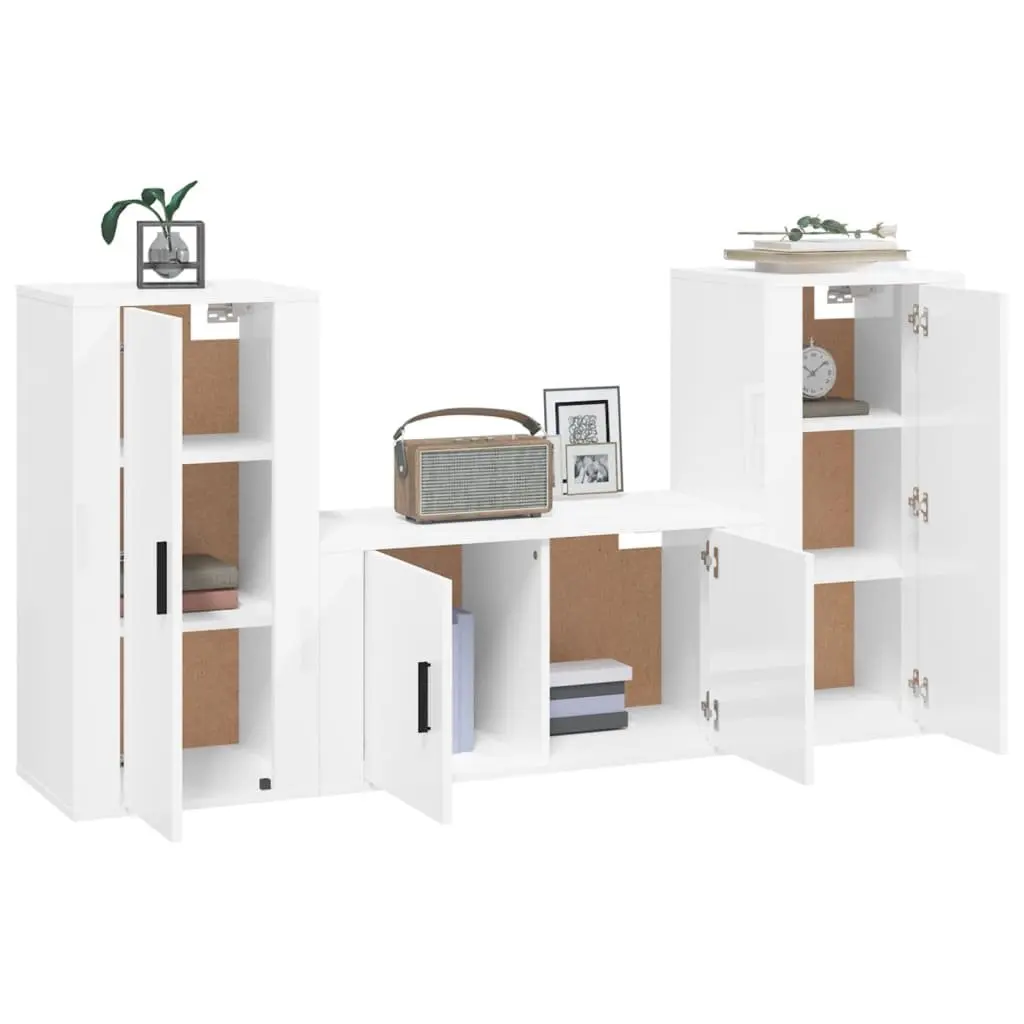 3 Piece TV Cabinet Set White Wall-Mounted Engineered Wood Storage Unit